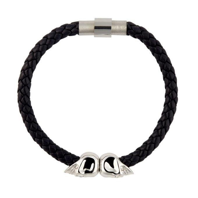 Black Genuine Leather & Silver Twin Skull Bracelet - Image 3