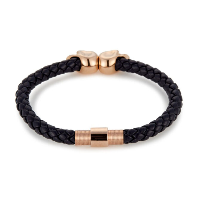 Black Genuine Leather & Rose Gold Twin Skull Bracelet - Image 2