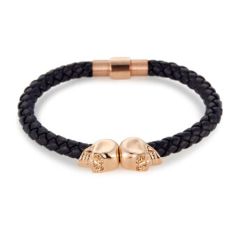 Black Genuine Leather & Rose Gold Twin Skull Bracelet