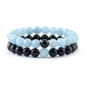 Gemstone Black Onyx Aquamarine Couple Distance Bracelets