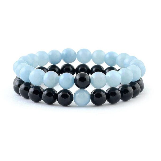Gemstone Black Onyx Aquamarine Couple Distance Bracelets
