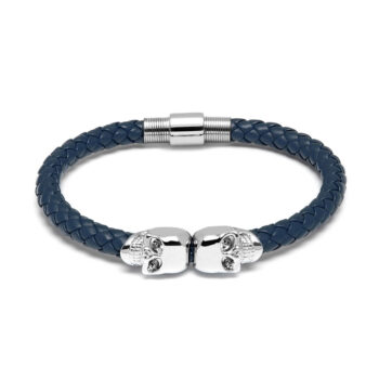 Blue Genuine Leather & Silver Twin Skull Bracelet