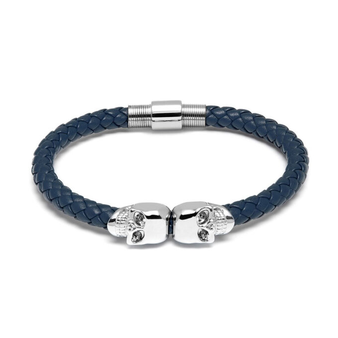 Blue Genuine Leather & Silver Twin Skull Bracelet