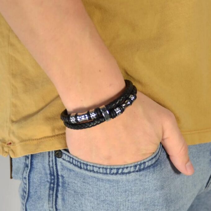 Black Torn Bolo Leather Bracelet - Image 4