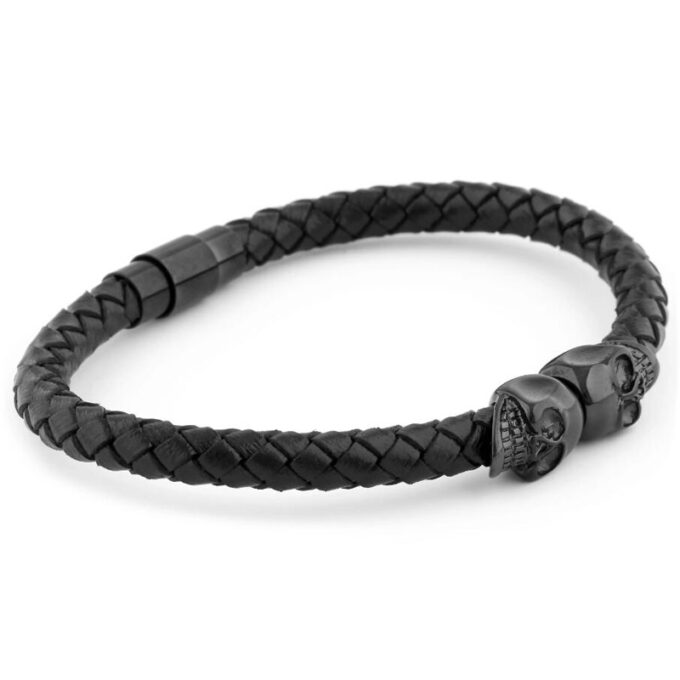 Black Skull Leather Bracelet - Image 2